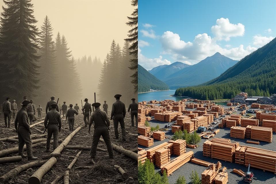 Modern timber processing facility alongside historical logging image